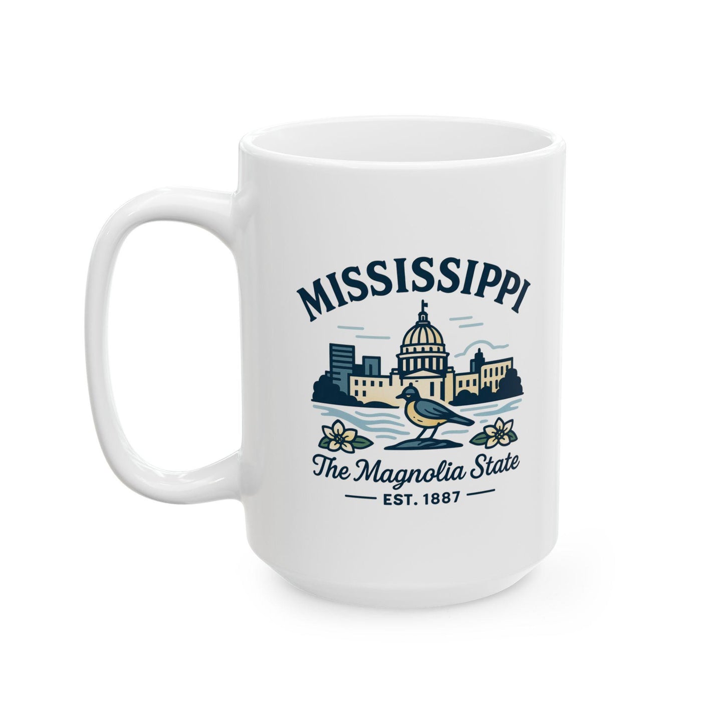 ColorFlow | Mississippi The Magnolia State Mug | 15oz Ceramic Coffee Cup | Southern Gift | State Bird and Capitol Design