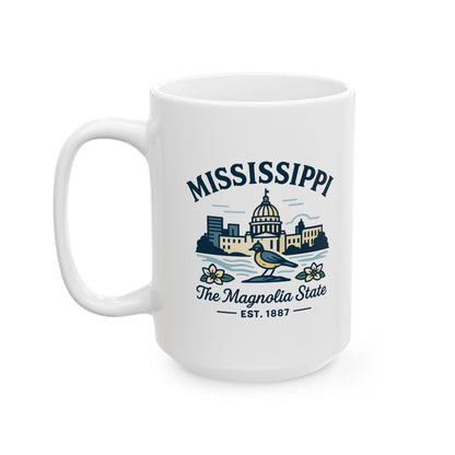 ColorFlow | Mississippi The Magnolia State Mug | 15oz Ceramic Coffee Cup | Southern Gift | State Bird and Capitol Design