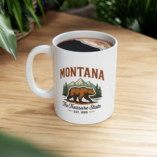 ColorFlow | Montana The Treasure State Mug | 15oz Ceramic Coffee Cup | Bear and Mountain Design | Adventure Gift