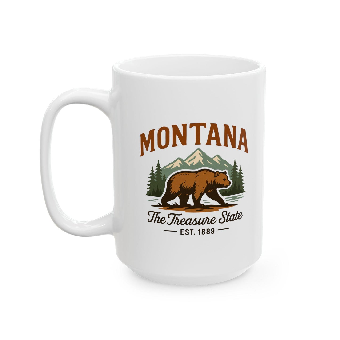 ColorFlow | Montana The Treasure State Mug | 15oz Ceramic Coffee Cup | Bear and Mountain Design | Adventure Gift