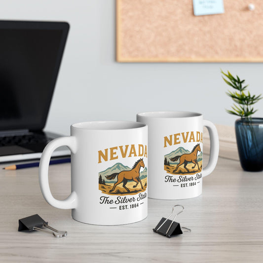 ColorFlow | Nevada The Silver State Mug | 15oz Ceramic Coffee Cup | Wild Horse Design | Western State Gift