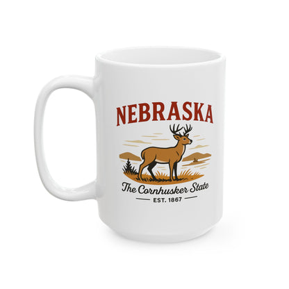 ColorFlow | Nebraska The Cornhusker State Mug | 15oz Ceramic Coffee Cup | Deer and Prairie Design | Midwest Gift