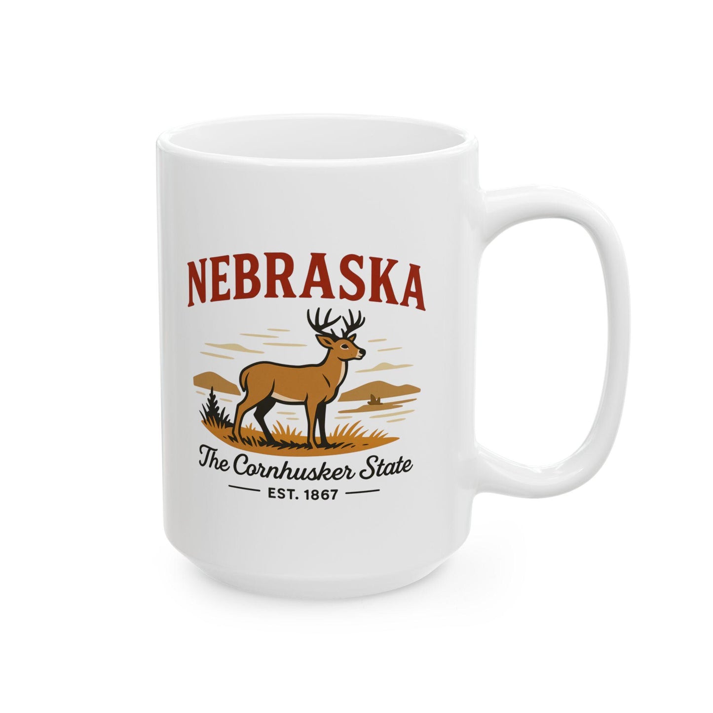 ColorFlow | Nebraska The Cornhusker State Mug | 15oz Ceramic Coffee Cup | Deer and Prairie Design | Midwest Gift