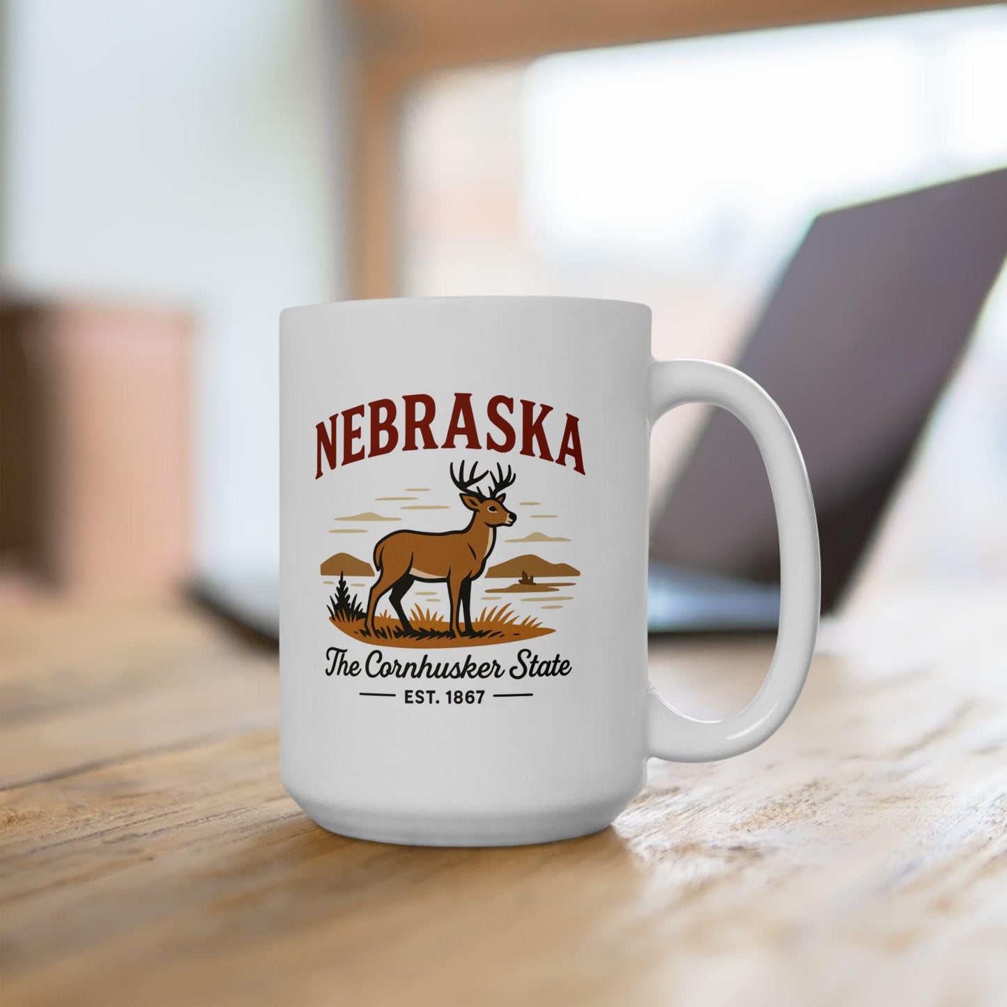 ColorFlow | Nebraska The Cornhusker State Mug | 15oz Ceramic Coffee Cup | Deer and Prairie Design | Midwest Gift