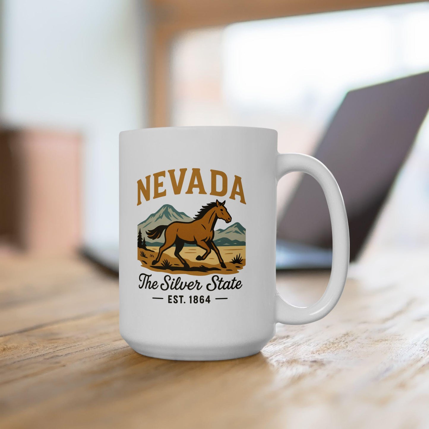 ColorFlow | Nevada The Silver State Mug | 15oz Ceramic Coffee Cup | Wild Horse Design | Western State Gift