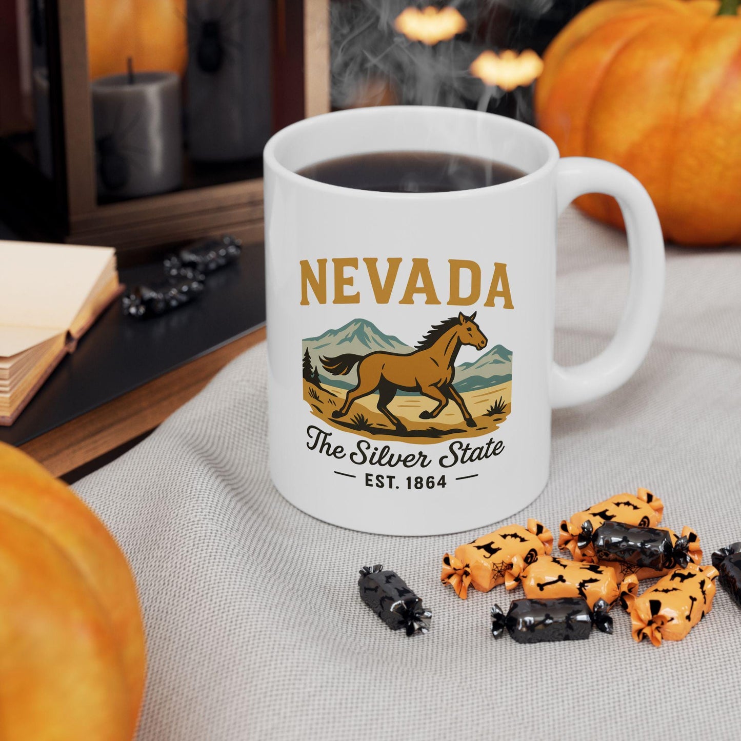 ColorFlow | Nevada The Silver State Mug | 15oz Ceramic Coffee Cup | Wild Horse Design | Western State Gift