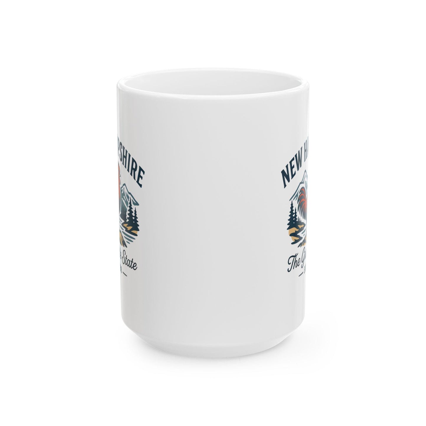 ColorFlow | New Hampshire The Granite State Mug | 15oz Ceramic Coffee Cup | Rooster and Mountain Design | New England Gift