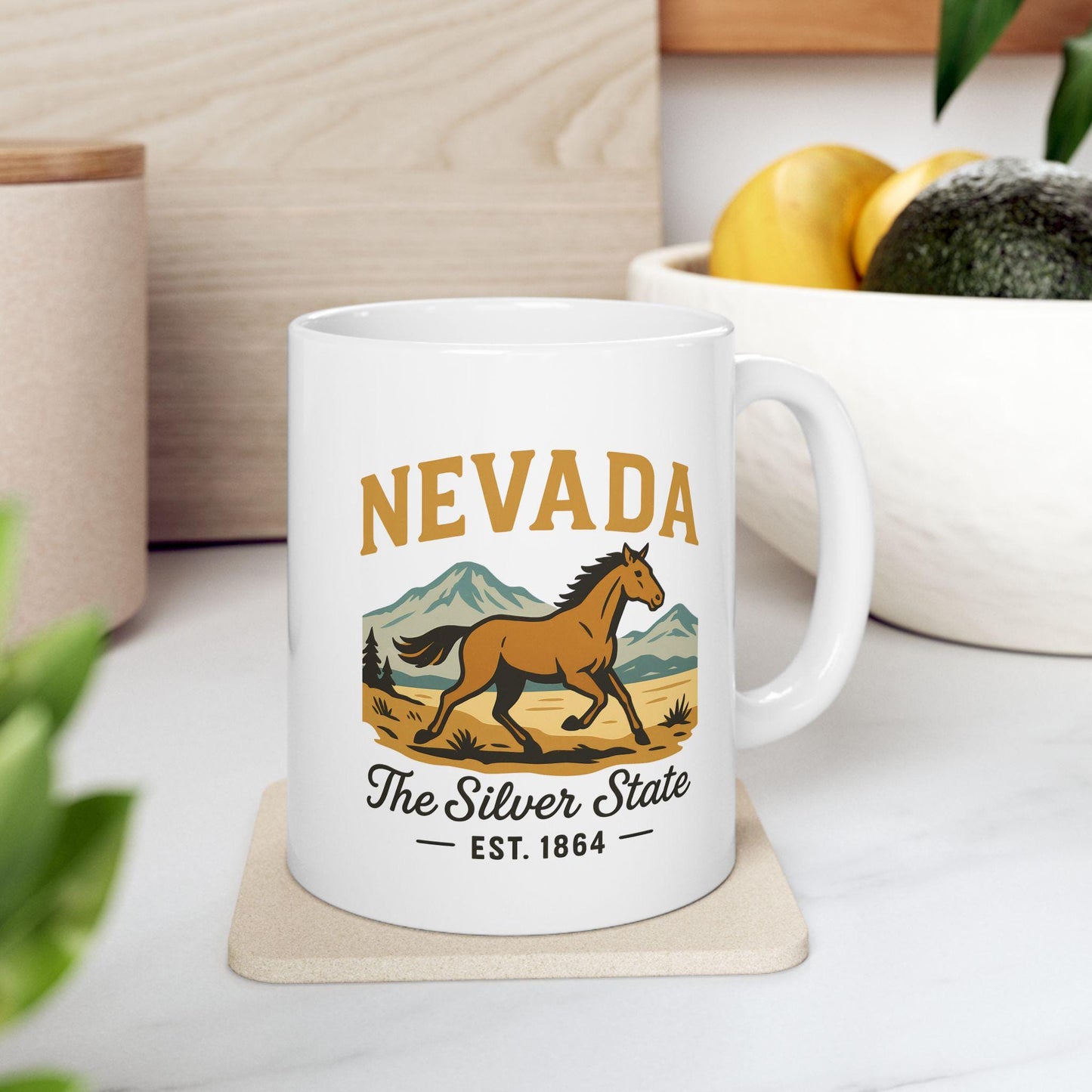ColorFlow | Nevada The Silver State Mug | 15oz Ceramic Coffee Cup | Wild Horse Design | Western State Gift
