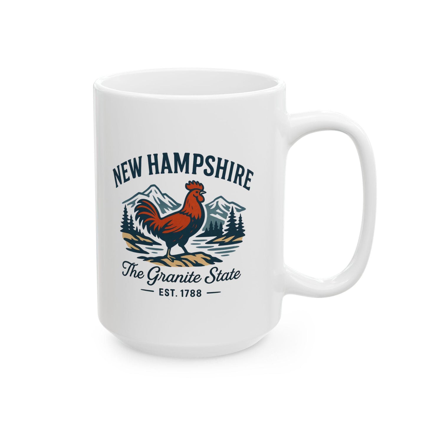 ColorFlow | New Hampshire The Granite State Mug | 15oz Ceramic Coffee Cup | Rooster and Mountain Design | New England Gift