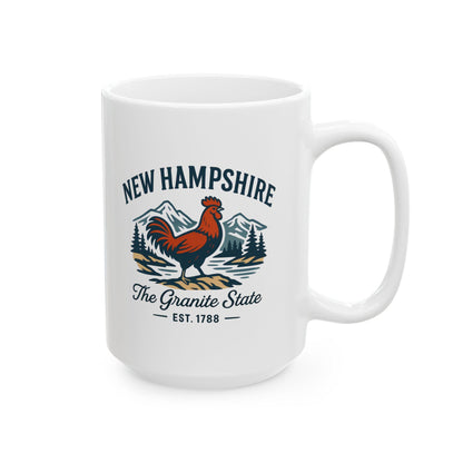 ColorFlow | New Hampshire The Granite State Mug | 15oz Ceramic Coffee Cup | Rooster and Mountain Design | New England Gift