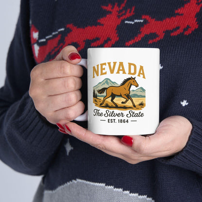 ColorFlow | Nevada The Silver State Mug | 15oz Ceramic Coffee Cup | Wild Horse Design | Western State Gift