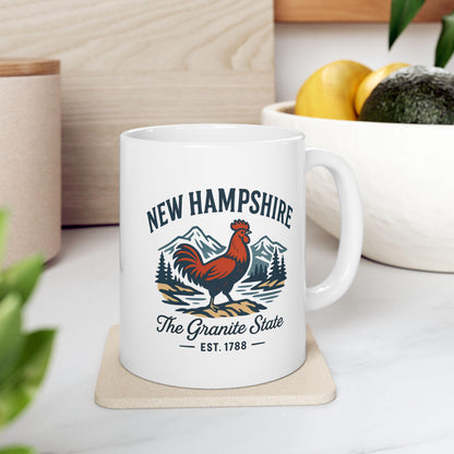 ColorFlow | New Hampshire The Granite State Mug | 15oz Ceramic Coffee Cup | Rooster and Mountain Design | New England Gift
