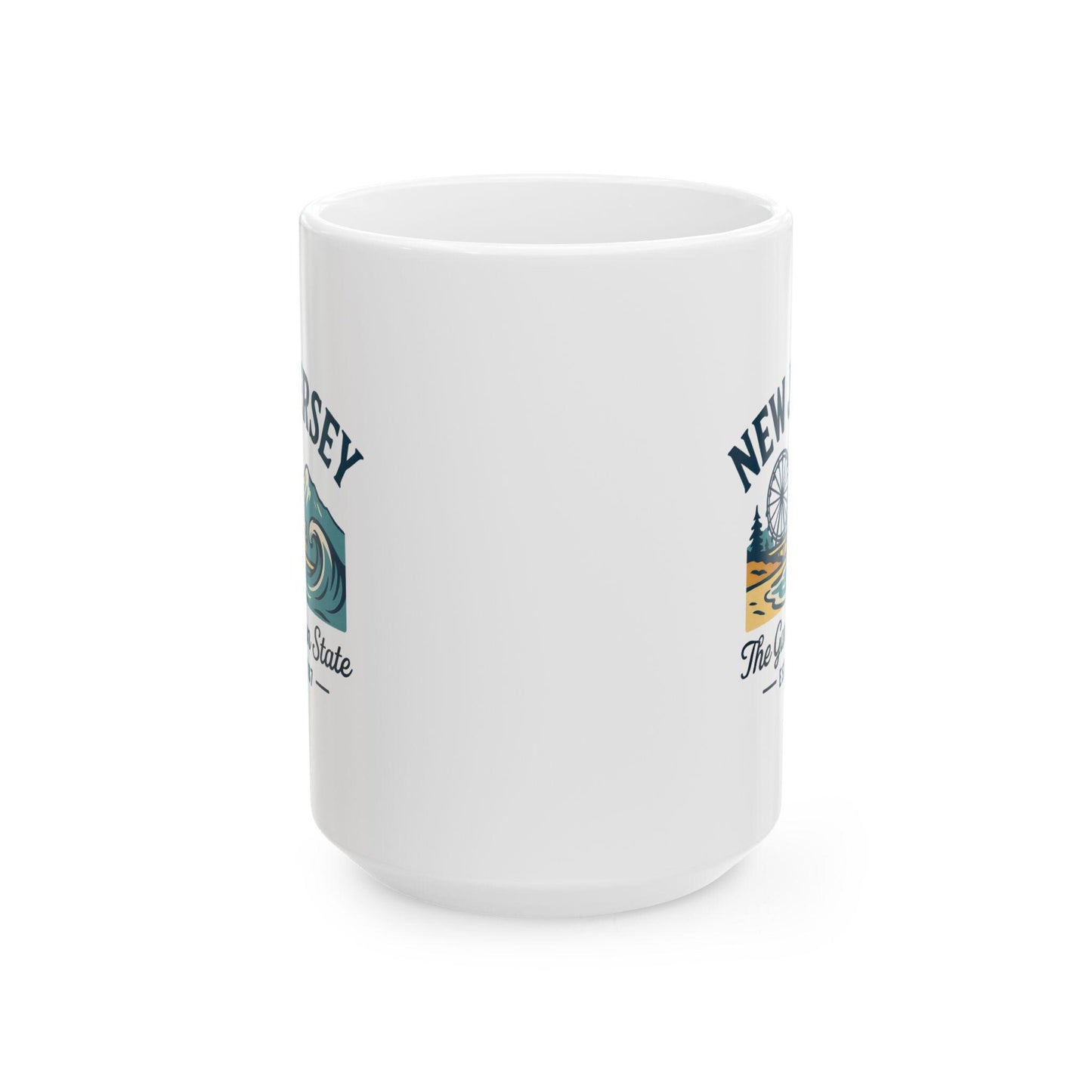 ColorFlow | New Jersey The Garden State Mug | 15oz Ceramic Coffee Cup | Boardwalk & Wave Design | Coastal Gift