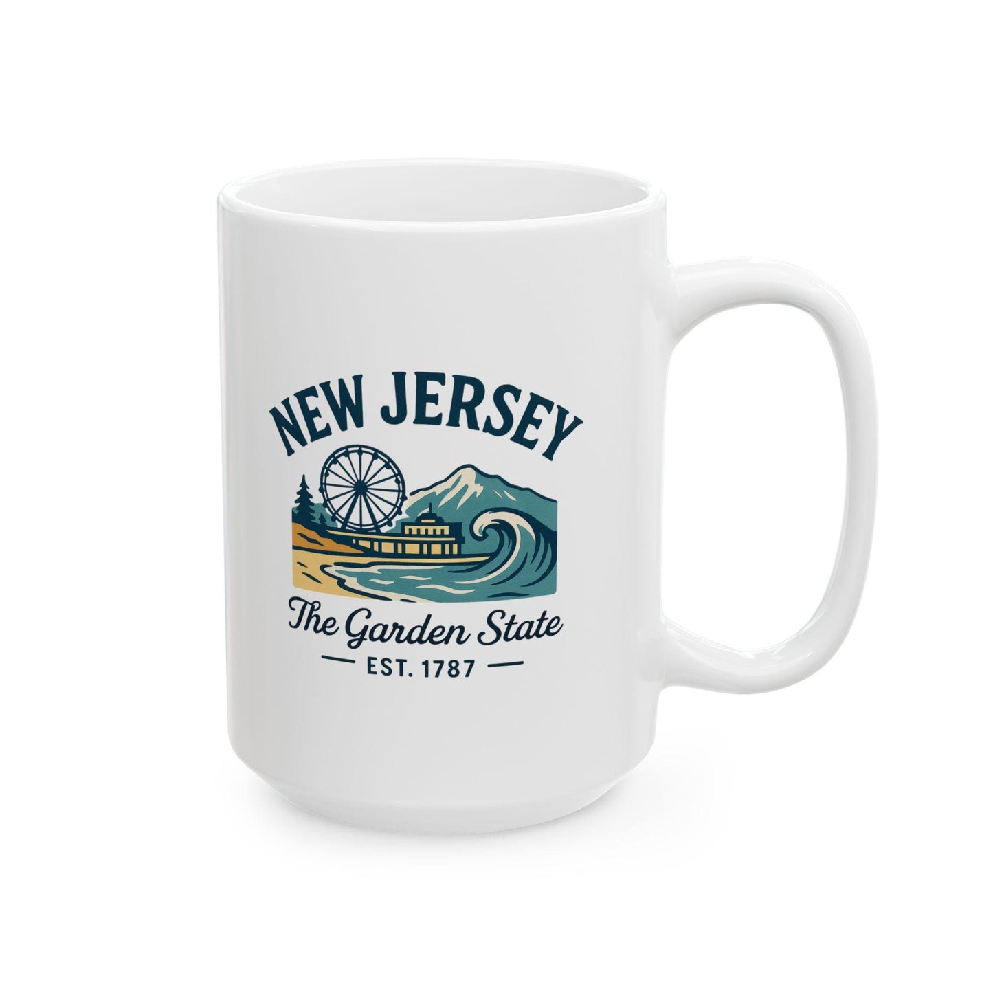 ColorFlow | New Jersey The Garden State Mug | 15oz Ceramic Coffee Cup | Boardwalk & Wave Design | Coastal Gift