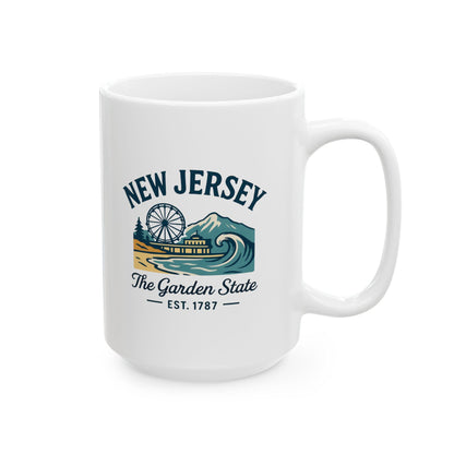 ColorFlow | New Jersey The Garden State Mug | 15oz Ceramic Coffee Cup | Boardwalk & Wave Design | Coastal Gift