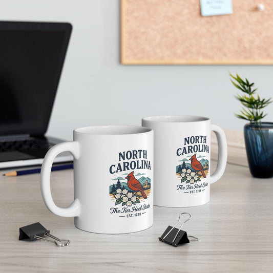 ColorFlow | North Carolina The Tar Heel State Mug | Cardinal State Bird Coffee Cup | Southern Travel Gift | 15oz Ceramic Mug