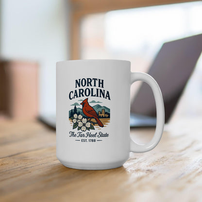 ColorFlow | North Carolina The Tar Heel State Mug | Cardinal State Bird Coffee Cup | Southern Travel Gift | 15oz Ceramic Mug