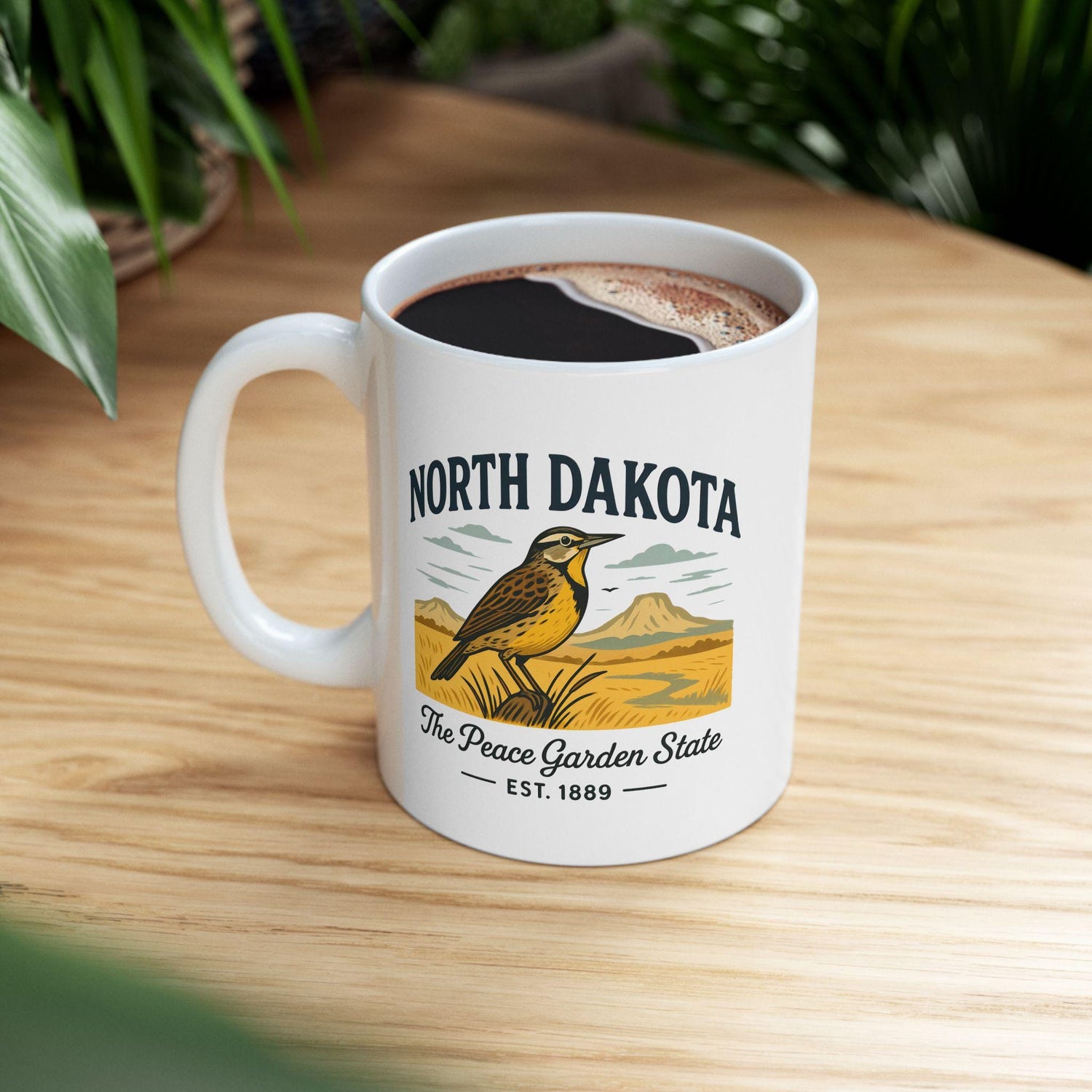 ColorFlow | North Dakota The Peace Garden State Mug | Western Meadowlark Coffee Cup | Prairie Travel Gift | 15oz Ceramic Mug