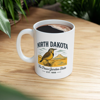 ColorFlow | North Dakota The Peace Garden State Mug | Western Meadowlark Coffee Cup | Prairie Travel Gift | 15oz Ceramic Mug
