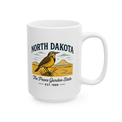 ColorFlow | North Dakota The Peace Garden State Mug | Western Meadowlark Coffee Cup | Prairie Travel Gift | 15oz Ceramic Mug