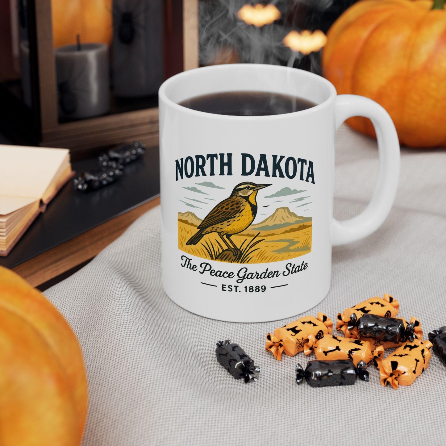 ColorFlow | North Dakota The Peace Garden State Mug | Western Meadowlark Coffee Cup | Prairie Travel Gift | 15oz Ceramic Mug