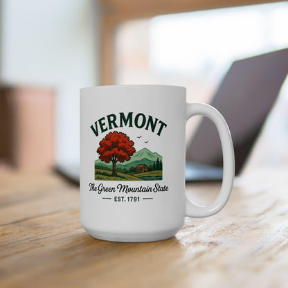 ColorFlow | Vermont The Green Mountain State Mug | Autumn Landscape Coffee Cup | 15 oz Ceramic Gift for Nature Lovers