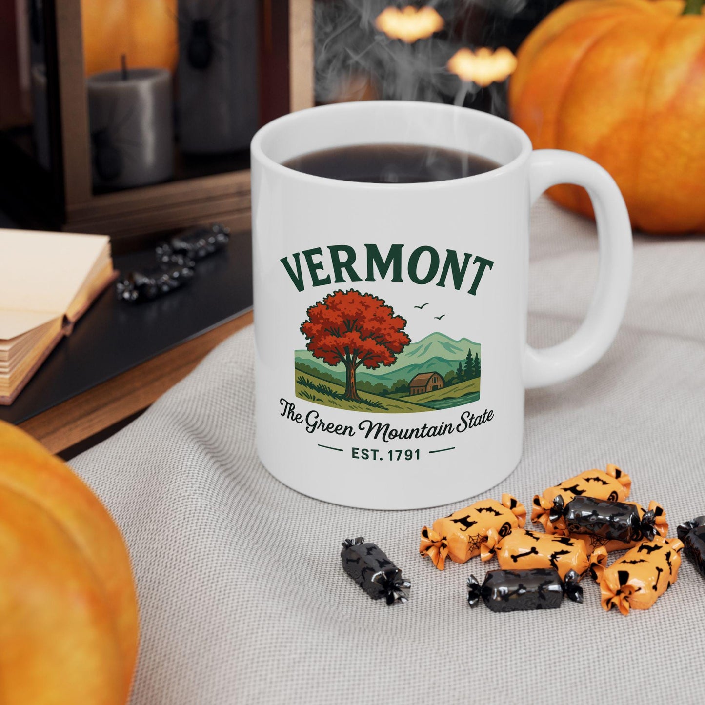 ColorFlow | Vermont The Green Mountain State Mug | Autumn Landscape Coffee Cup | 15 oz Ceramic Gift for Nature Lovers