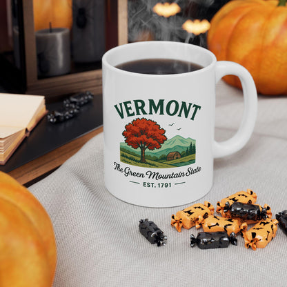 ColorFlow | Vermont The Green Mountain State Mug | Autumn Landscape Coffee Cup | 15 oz Ceramic Gift for Nature Lovers