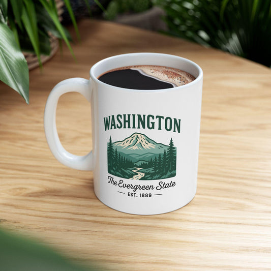 ColorFlow | Washington The Evergreen State Mug | 15oz Ceramic Coffee Cup | Vintage Mountain Travel Mug Gift for Nature Lovers