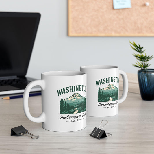 ColorFlow | Washington The Evergreen State Mug | 15oz Ceramic Coffee Cup | Vintage Mountain Travel Mug Gift for Nature Lovers