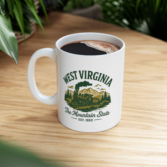 ColorFlow | West Virginia The Mountain State Mug | 15oz Ceramic Coffee Cup | Vintage Train and Mountain Travel Mug Gift