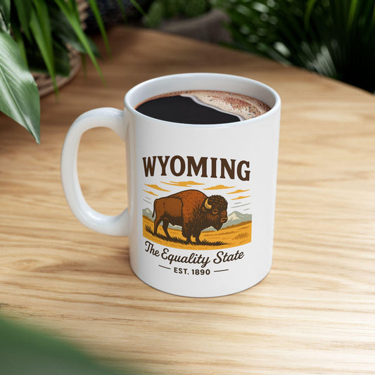 ColorFlow | Wyoming The Equality State Mug | 15oz Ceramic Coffee Cup | Vintage Buffalo Mountain Mug Gift for Travelers