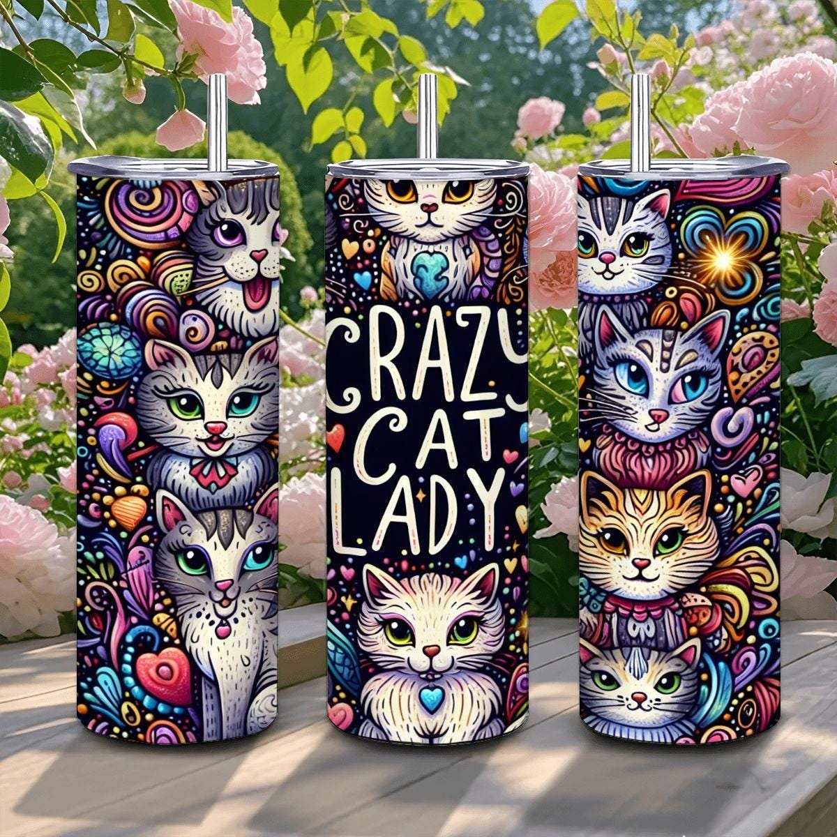 ColorFlow | Crazy Cat Lady Cat Tumbler | 20oz Stainless Steel Tumbler with Straw | Gift for Cat Lovers | Cat Mom Cup | Coffee Travel Mug