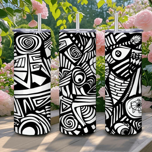 ColorFlow | Black and White Abstract Art Tumbler | 20oz Stainless Steel Tumbler with Straw | Modern Line Art Cup