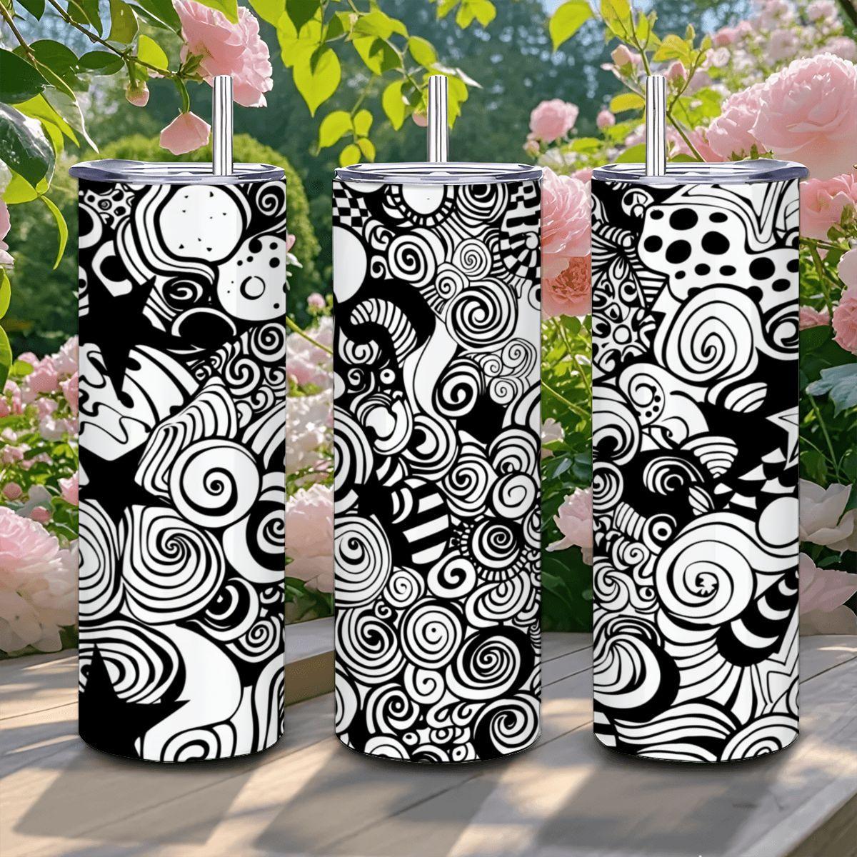 ColorFlow | Black and White Swirl Stars Tumbler | 20oz Stainless Steel Tumbler with Straw | Modern Abstract Travel Mug