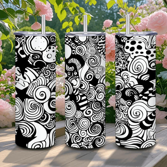 ColorFlow | Black and White Swirl Stars Tumbler | 20oz Stainless Steel Tumbler with Straw | Modern Abstract Travel Mug