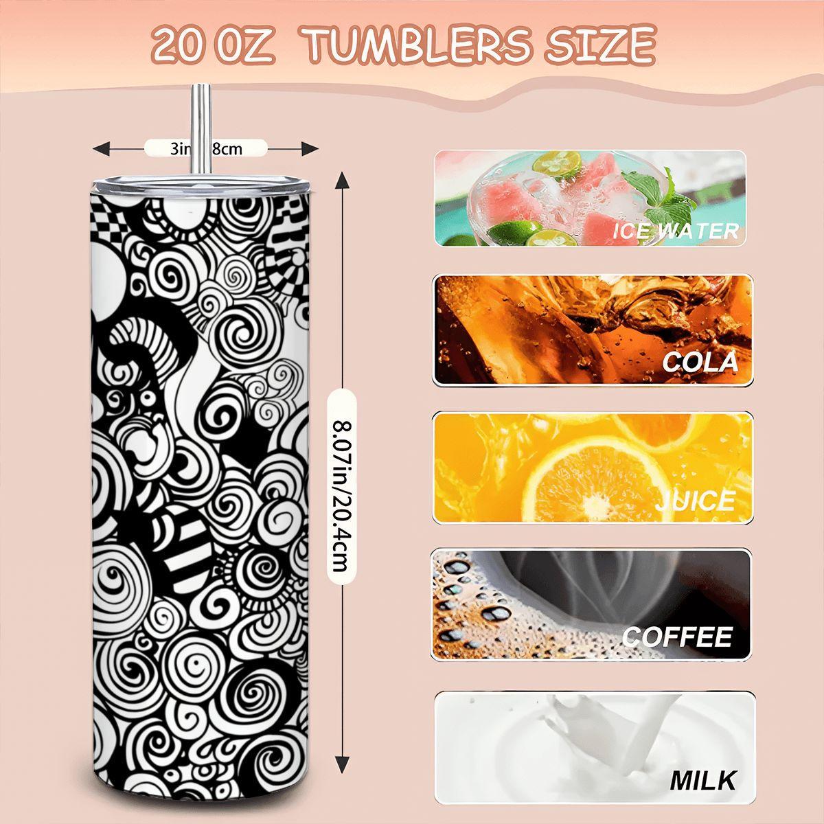 ColorFlow | Black and White Swirl Stars Tumbler | 20oz Stainless Steel Tumbler with Straw | Modern Abstract Travel Mug