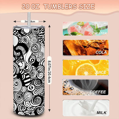 ColorFlow | Black and White Swirl Stars Tumbler | 20oz Stainless Steel Tumbler with Straw | Modern Abstract Travel Mug
