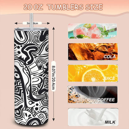 ColorFlow | Surreal Eyes Abstract Tumbler | 20oz Stainless Steel Tumbler with Straw | Black White Modern Art Mug