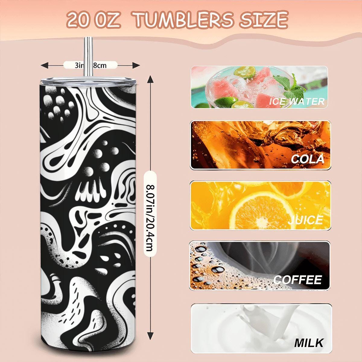 ColorFlow | Monochrome Organic Abstract Tumbler | 20oz Stainless Steel Tumbler with Straw | Black White Modern Art Cup
