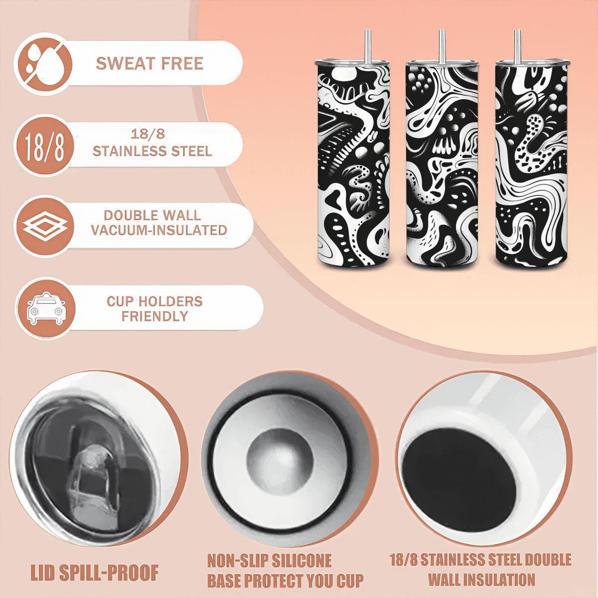 ColorFlow | Monochrome Organic Abstract Tumbler | 20oz Stainless Steel Tumbler with Straw | Black White Modern Art Cup