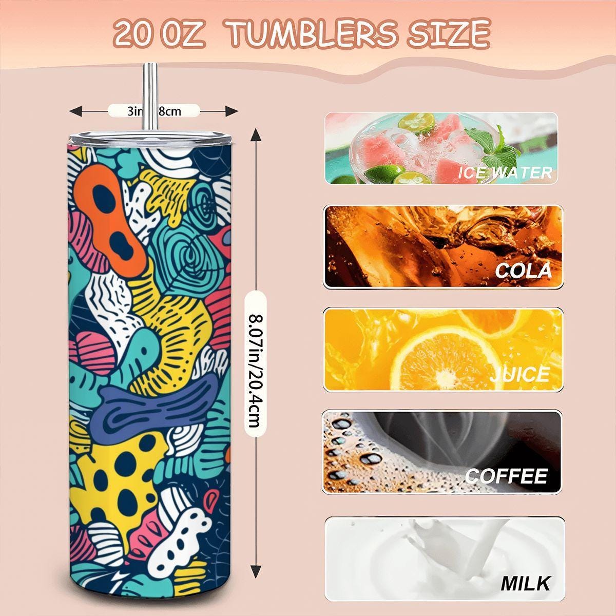 ColorFlow | Vivid Abstract Doodle Tumbler | 20oz Stainless Steel Tumbler with Straw | Colorful Artistic Travel Cup