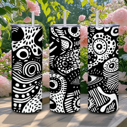 ColorFlow | Surreal Doodle Faces Tumbler | 20oz Stainless Steel Tumbler with Straw | Black White Abstract Art Mug