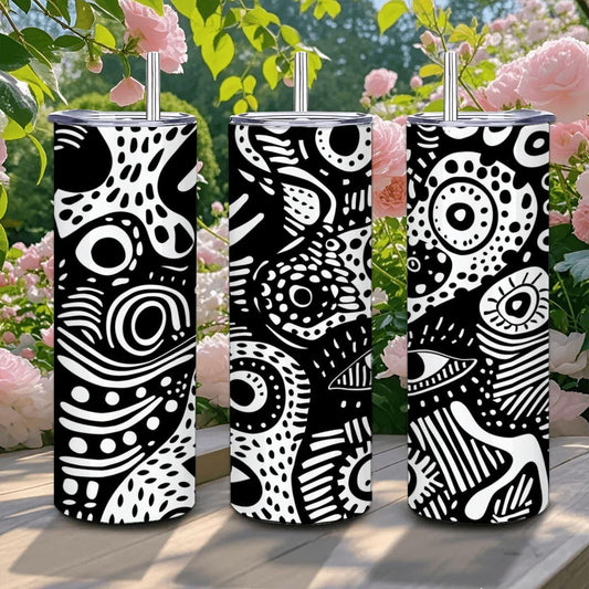 ColorFlow | Surreal Doodle Faces Tumbler | 20oz Stainless Steel Tumbler with Straw | Black White Abstract Art Mug