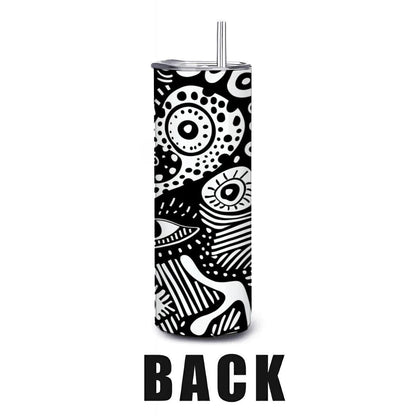 ColorFlow | Surreal Doodle Faces Tumbler | 20oz Stainless Steel Tumbler with Straw | Black White Abstract Art Mug