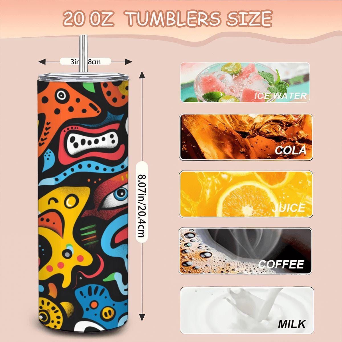 ColorFlow | Bold Pop Art Surreal Tumbler | 20oz Stainless Steel Tumbler with Straw | Colorful Abstract Eyes Mug