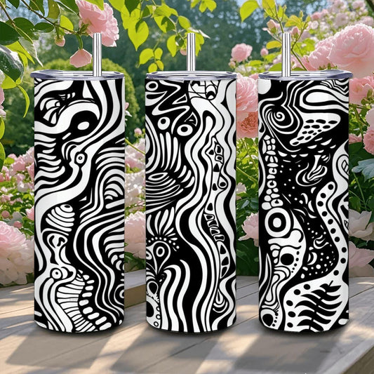 ColorFlow | Wavy Lines Abstract Tumbler | 20oz Stainless Steel Tumbler with Straw | Black White Modern Art Mug