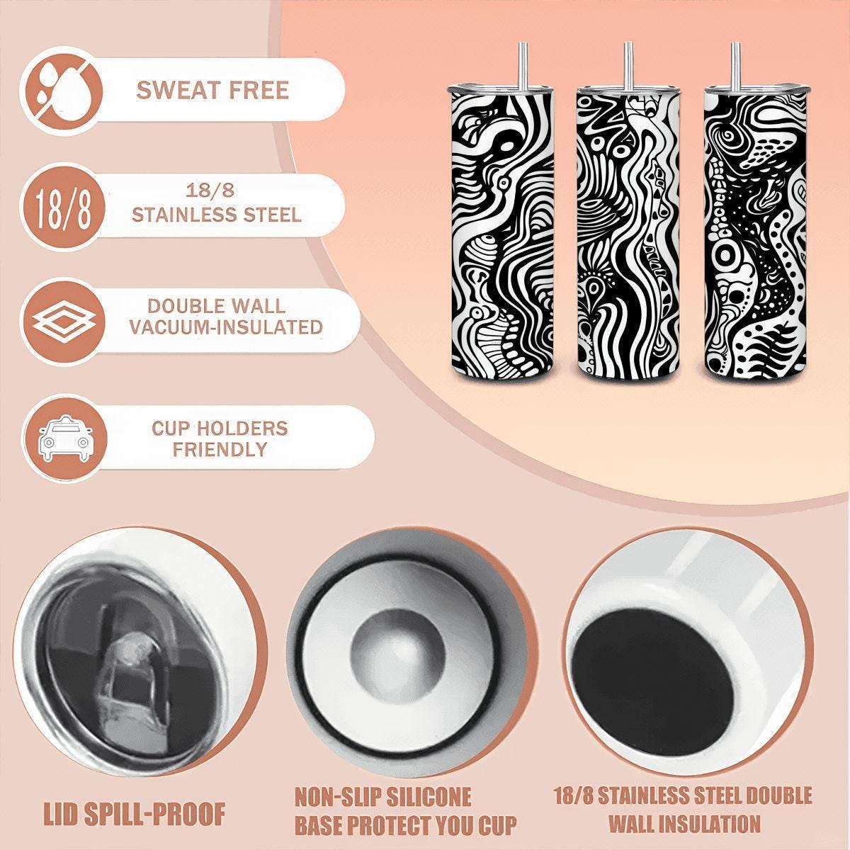 ColorFlow | Wavy Lines Abstract Tumbler | 20oz Stainless Steel Tumbler with Straw | Black White Modern Art Mug