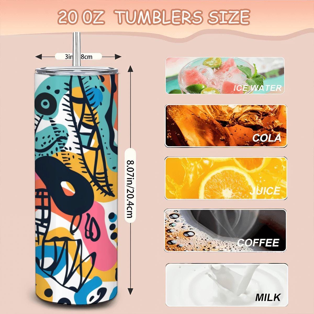 ColorFlow | Colorful Abstract Expressionist Tumbler | 20oz Stainless Steel Tumbler with Straw | Artistic Doodle Travel Mug