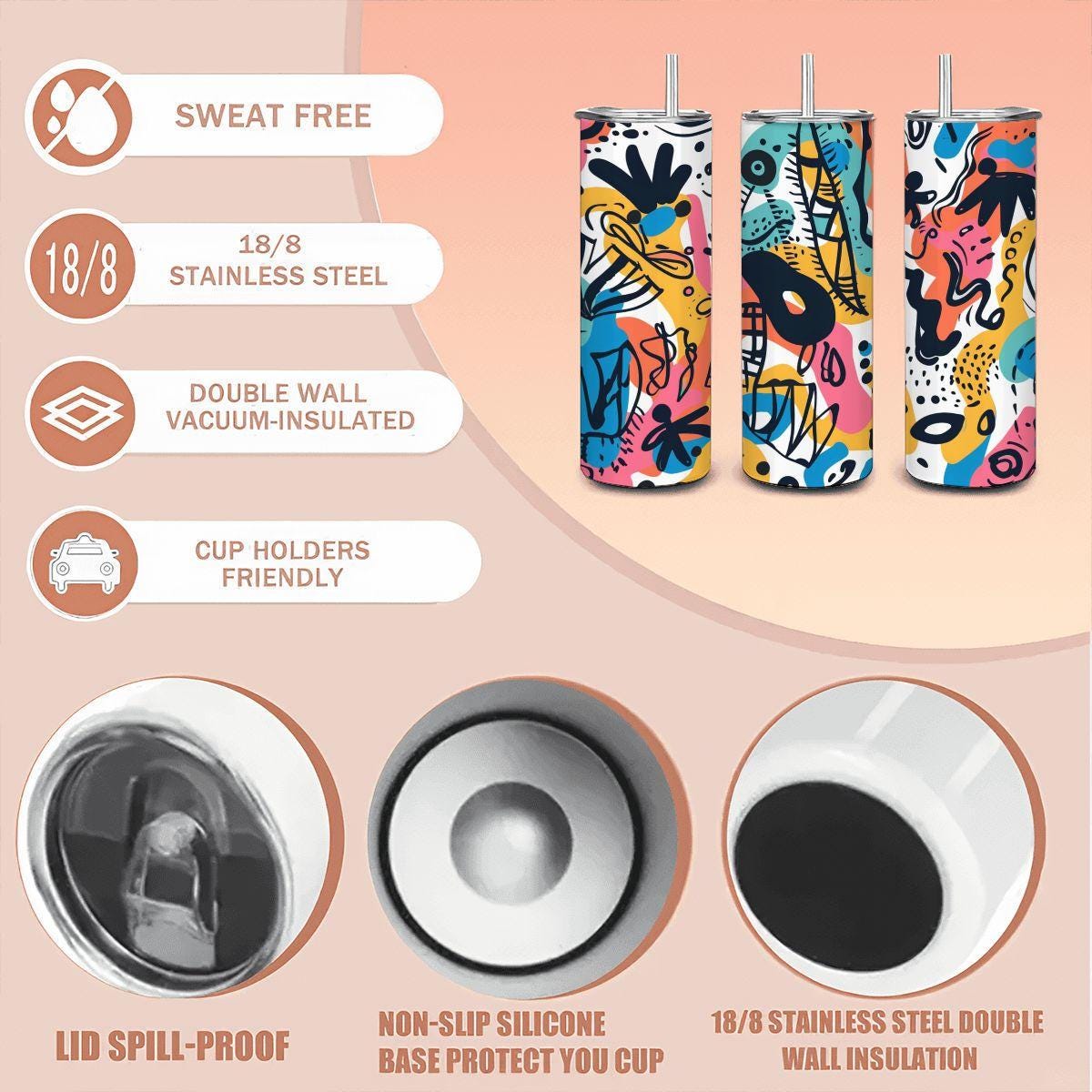 ColorFlow | Colorful Abstract Expressionist Tumbler | 20oz Stainless Steel Tumbler with Straw | Artistic Doodle Travel Mug
